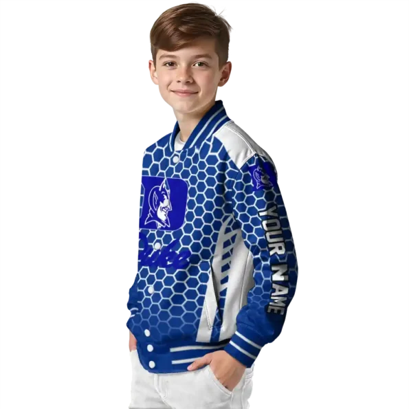 customized duke blue devils hexagon grid blue varsity jacket trendy.webp