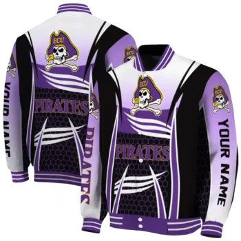 customized east carolina pirates mesh effect purple black varsity jacket fashion forward.webp