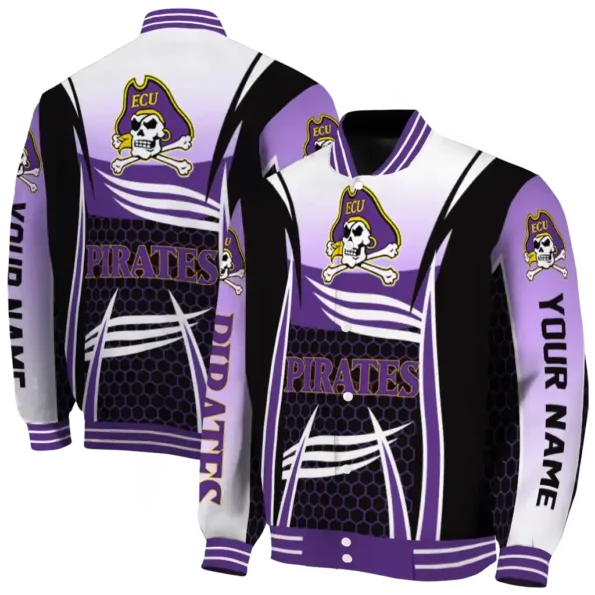 customized east carolina pirates mesh effect purple black varsity jacket fashion forward.webp