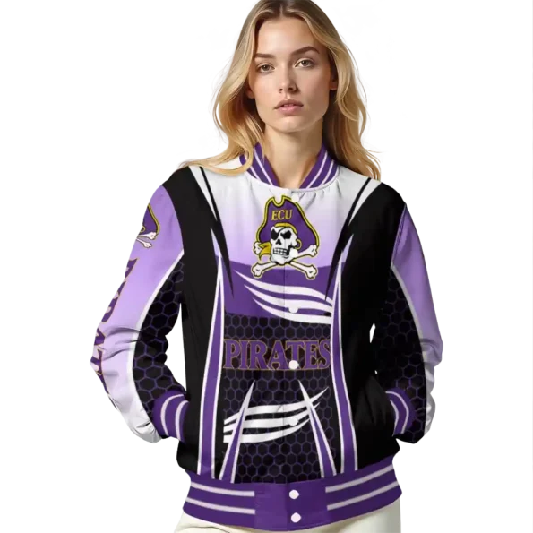 customized east carolina pirates mesh effect purple black varsity jacket latest model.webp