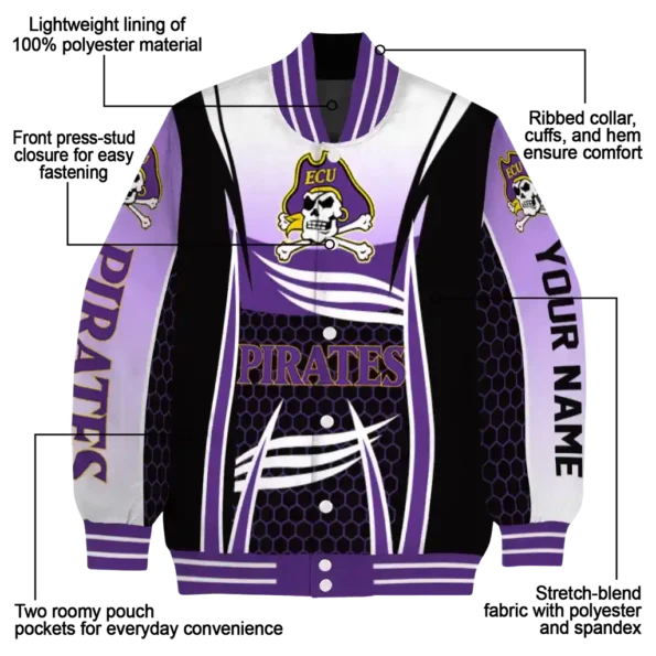 customized east carolina pirates mesh effect purple black varsity jacket new arrival.webp