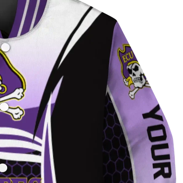 customized east carolina pirates mesh effect purple black varsity jacket premium grade.webp