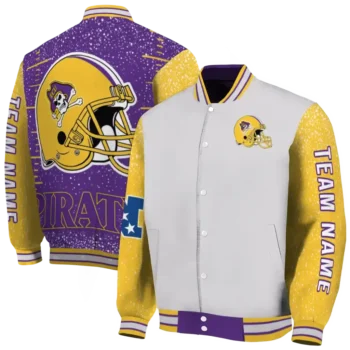 customized east carolina pirates speckled arms purple gray varsity jacket fashion forward.webp