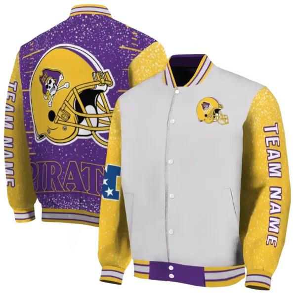 customized east carolina pirates speckled arms purple gray varsity jacket fashion forward.webp