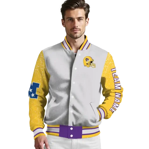 customized east carolina pirates speckled arms purple gray varsity jacket high quality.webp