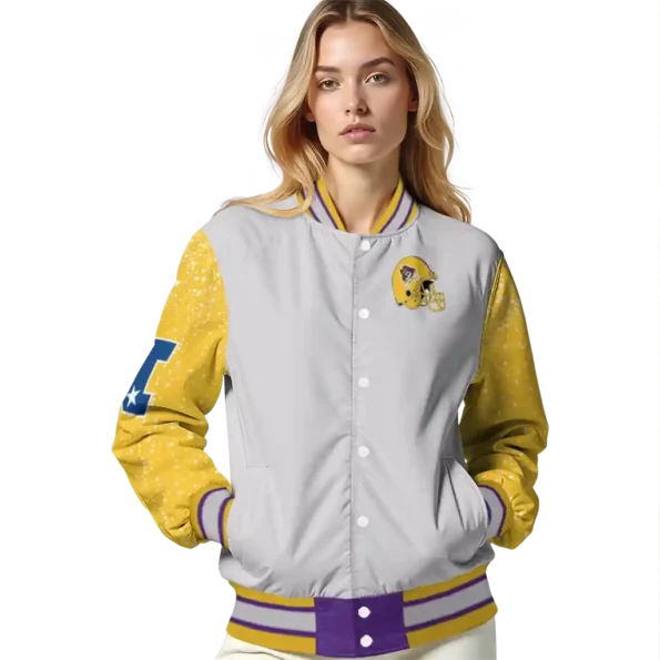 customized east carolina pirates speckled arms purple gray varsity jacket latest model.webp