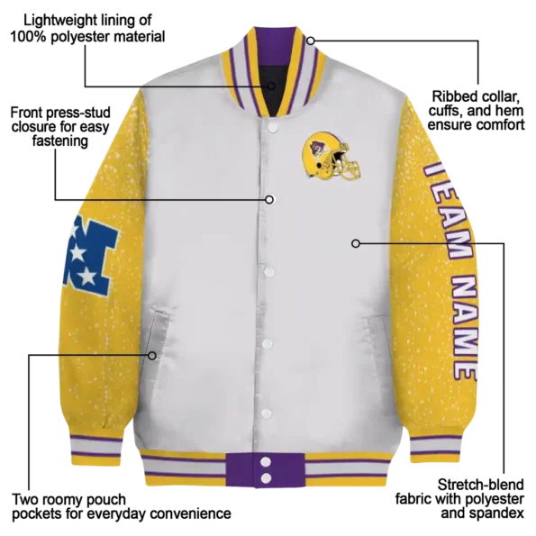 customized east carolina pirates speckled arms purple gray varsity jacket new arrival.webp