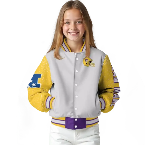 customized east carolina pirates speckled arms purple gray varsity jacket top rated.webp