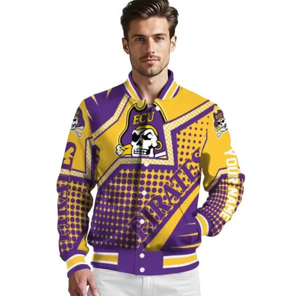 customized east carolina pirates star burst purple varsity jacket high quality.webp