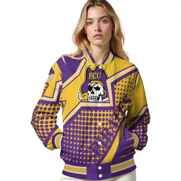 customized east carolina pirates star burst purple varsity jacket latest model.webp