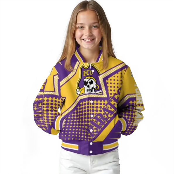 customized east carolina pirates star burst purple varsity jacket top rated.webp