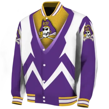 customized east carolina pirates v stripes purple white varsity jacket best selling.webp
