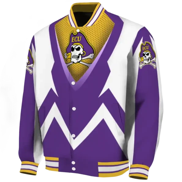 customized east carolina pirates v stripes purple white varsity jacket best selling.webp