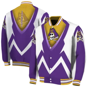 customized east carolina pirates v stripes purple white varsity jacket fashion forward.webp