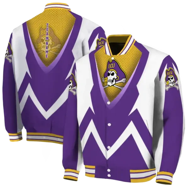 customized east carolina pirates v stripes purple white varsity jacket fashion forward.webp