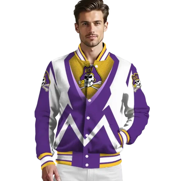 customized east carolina pirates v stripes purple white varsity jacket high quality.webp
