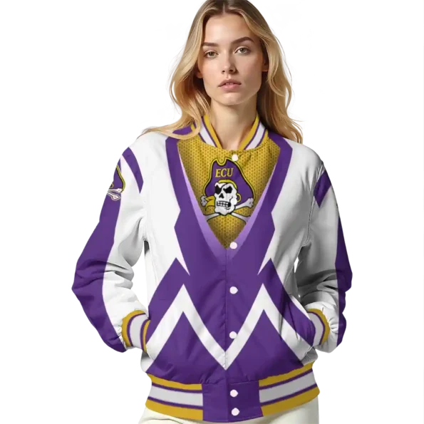 customized east carolina pirates v stripes purple white varsity jacket latest model.webp