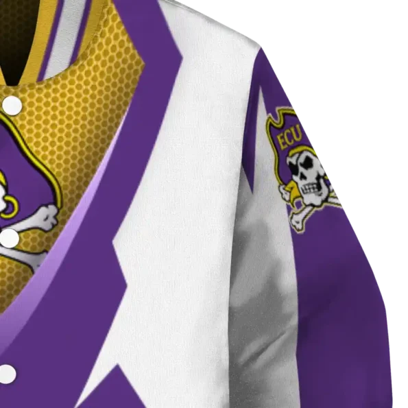 customized east carolina pirates v stripes purple white varsity jacket premium grade.webp