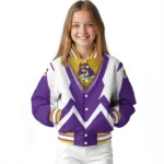 customized east carolina pirates v stripes purple white varsity jacket best selling.webp