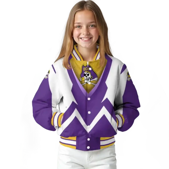customized east carolina pirates v stripes purple white varsity jacket top rated.webp