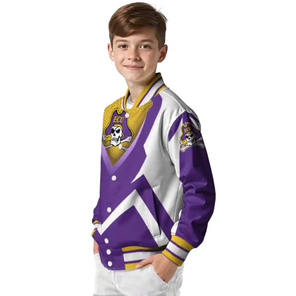 customized east carolina pirates v stripes purple white varsity jacket trendy.webp