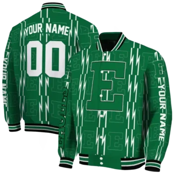 customized eastern michigan eagles bolt stripe green varsity jacket fashion forward.webp