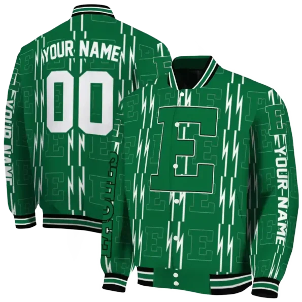 customized eastern michigan eagles bolt stripe green varsity jacket fashion forward.webp