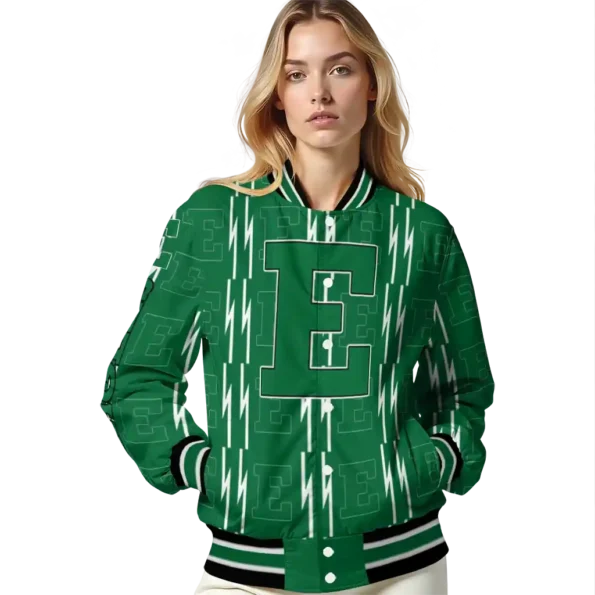 customized eastern michigan eagles bolt stripe green varsity jacket latest model.webp