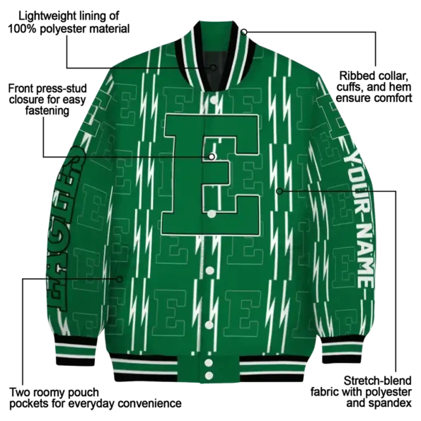 customized eastern michigan eagles bolt stripe green varsity jacket new arrival.webp