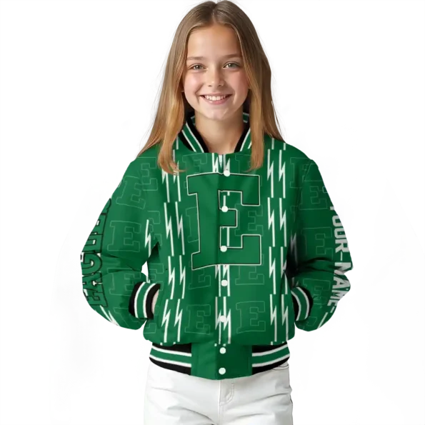 customized eastern michigan eagles bolt stripe green varsity jacket top rated.webp