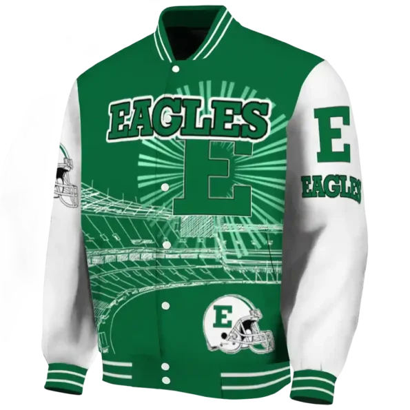 customized eastern michigan eagles ferris arena green white varsity jacket best selling.webp