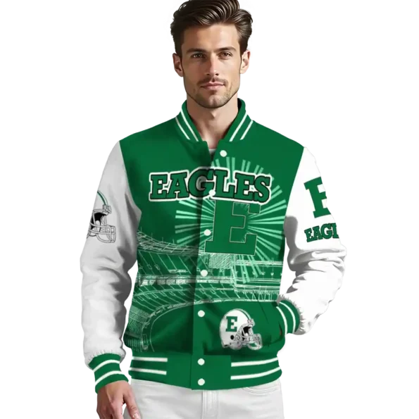 customized eastern michigan eagles ferris arena green white varsity jacket high quality.webp