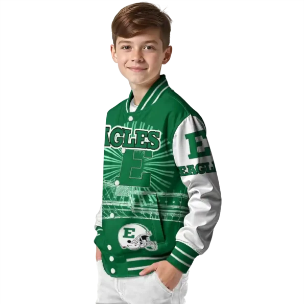 customized eastern michigan eagles ferris arena green white varsity jacket trendy.webp