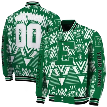 customized eastern michigan eagles pyramid shapes green varsity jacket fashion forward.webp