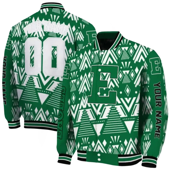 customized eastern michigan eagles pyramid shapes green varsity jacket fashion forward.webp