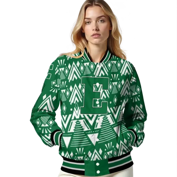 customized eastern michigan eagles pyramid shapes green varsity jacket latest model.webp