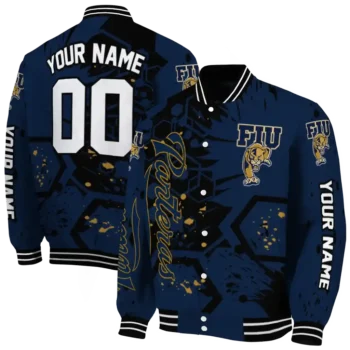 customized fiu panthers hexagon cluster blue black varsity jacket fashion forward.webp