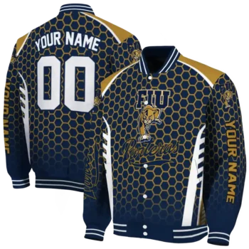 customized fiu panthers hexagon grid blue varsity jacket fashion forward.webp