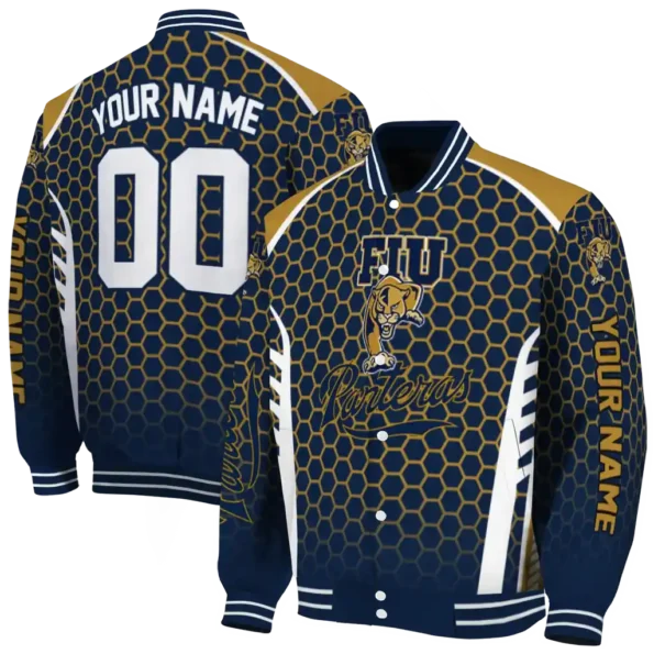 customized fiu panthers hexagon grid blue varsity jacket fashion forward.webp