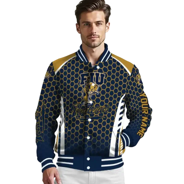 customized fiu panthers hexagon grid blue varsity jacket high quality.webp