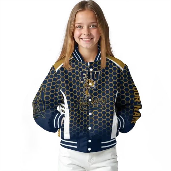 customized fiu panthers hexagon grid blue varsity jacket top rated.webp