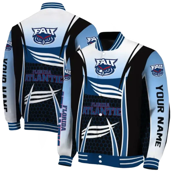 customized florida atlantic owls mesh effect blue black varsity jacket fashion forward.webp