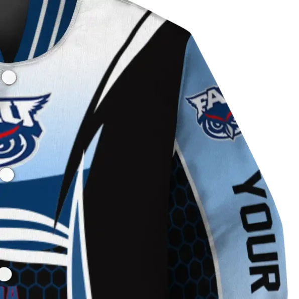 customized florida atlantic owls mesh effect blue black varsity jacket premium grade.webp