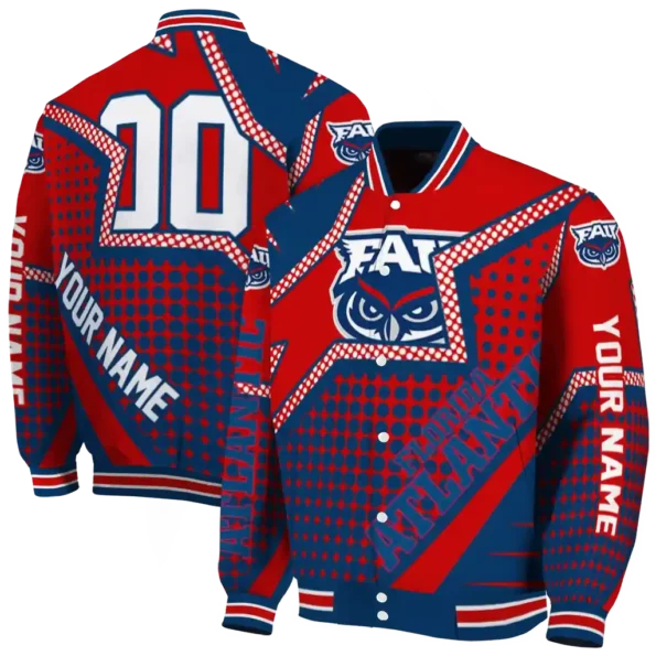 customized florida atlantic owls star burst blue varsity jacket fashion forward.webp