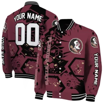 customized florida state seminoles hexagon cluster garnet black varsity jacket fashion forward.webp