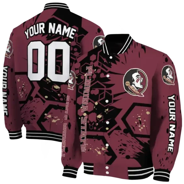 customized florida state seminoles hexagon cluster garnet black varsity jacket fashion forward.webp