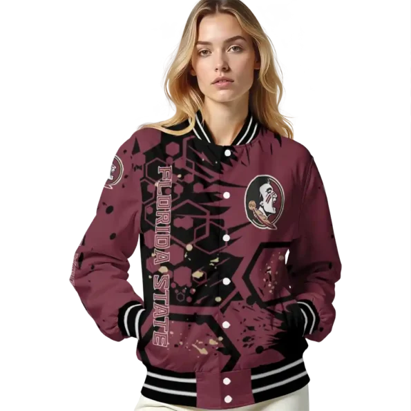 customized florida state seminoles hexagon cluster garnet black varsity jacket latest model.webp