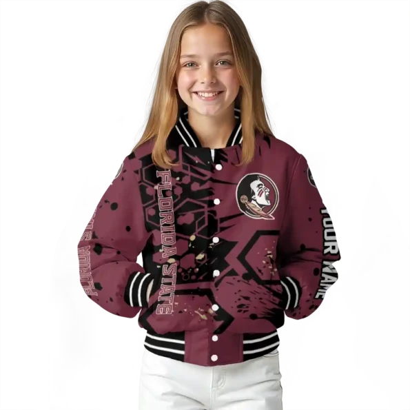 customized florida state seminoles hexagon cluster garnet black varsity jacket top rated.webp