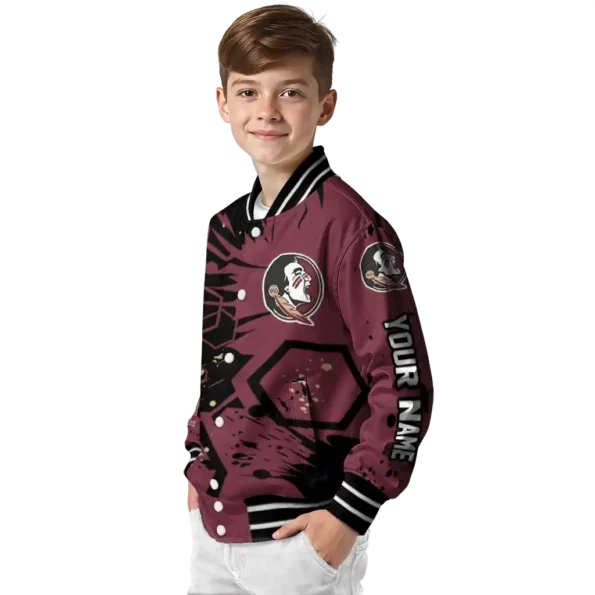customized florida state seminoles hexagon cluster garnet black varsity jacket trendy.webp