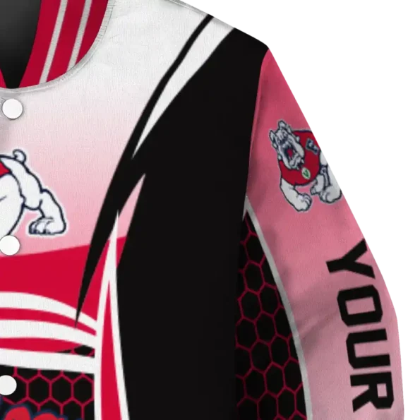 customized fresno state bulldogs mesh effect red black varsity jacket premium grade.webp